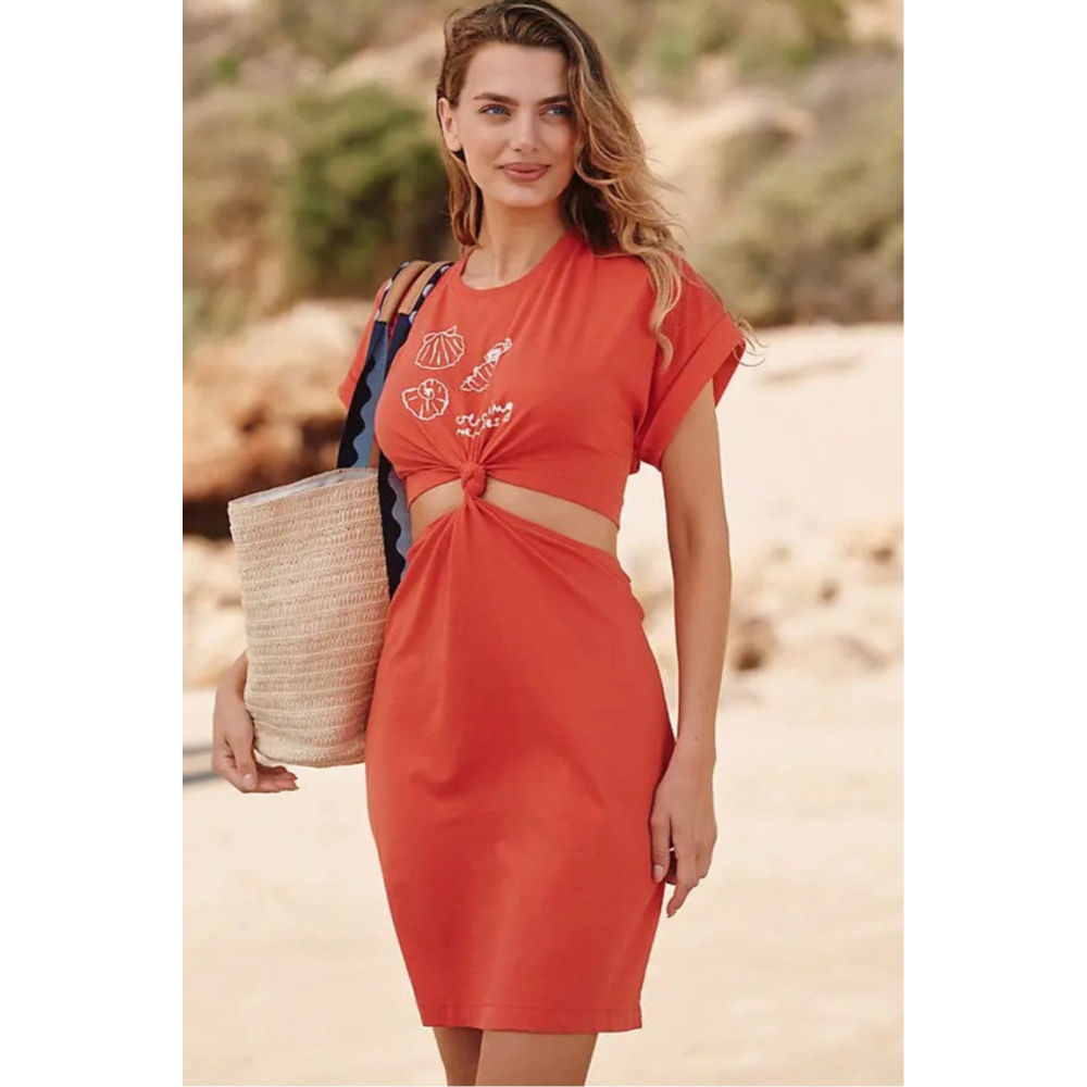 Knot-Front Orange Midi Dress with Cutout